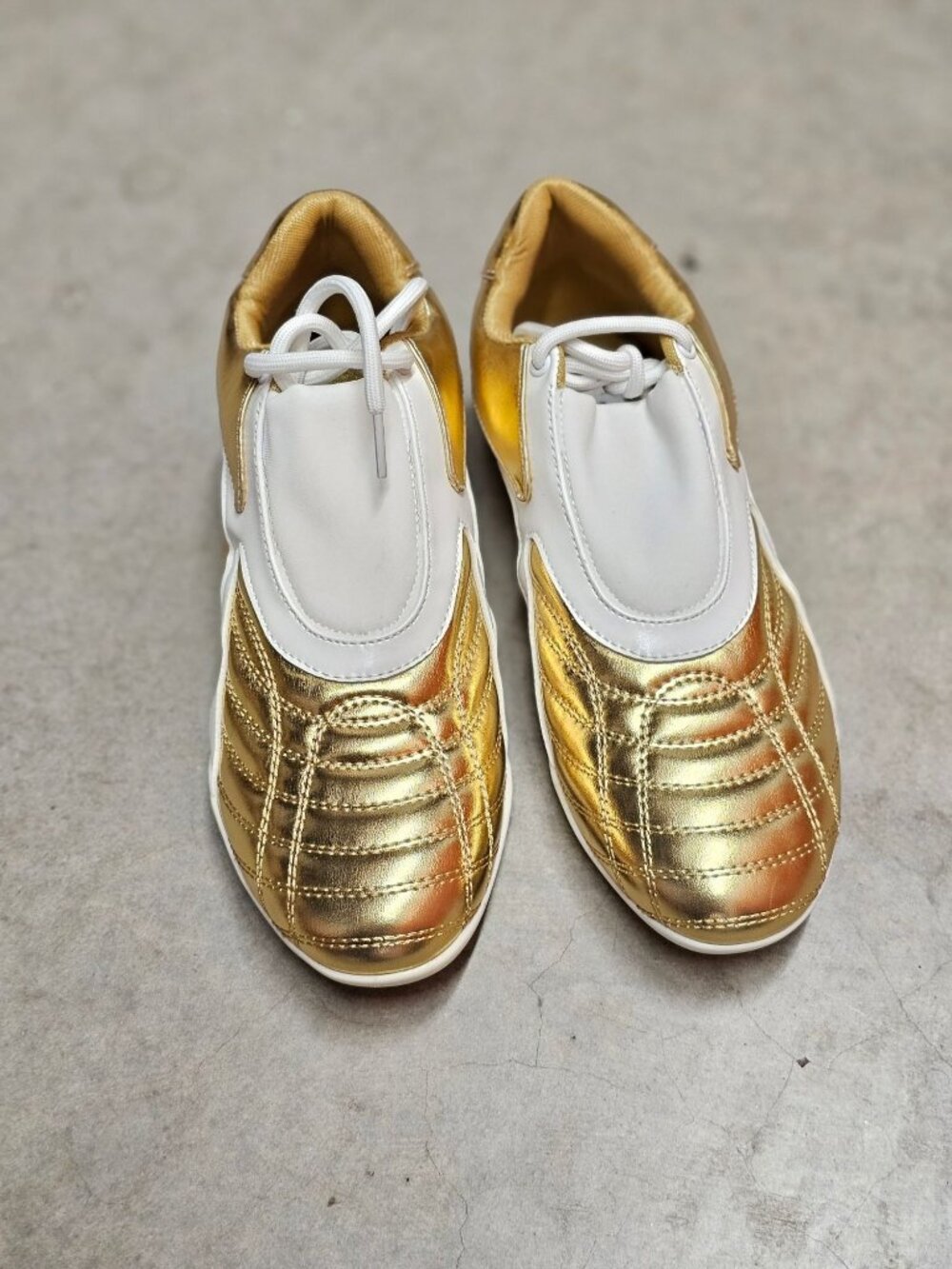 Gold & White Athletic Sneakers With Quilted Design & Lace-Up Closure - Picture 4 of 14